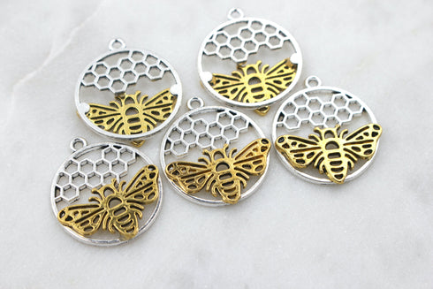 Set of 1, gold & silver honeycomb charm, 29mm x 25mm, 1 set